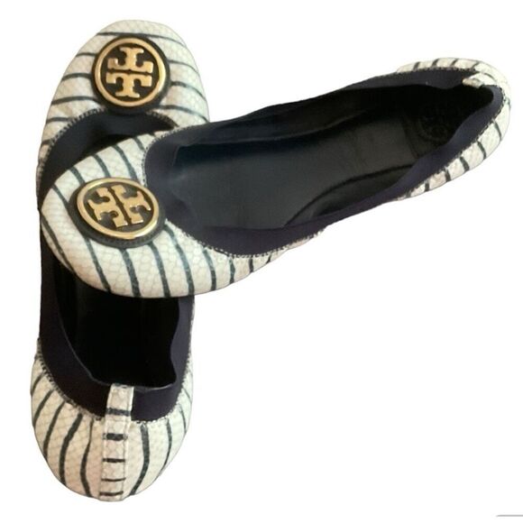 Tory Burch Cream w Navy Stripes Ballet Flats 9.5 - Picture 2 of 10